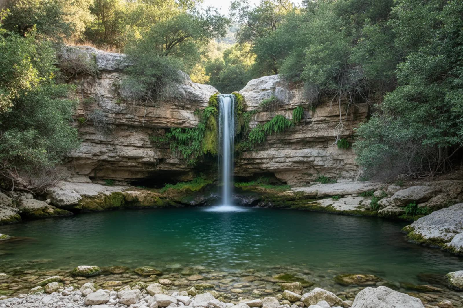 Narrow waterfall falling down a mossy limestone wall into an emerald pool in a shaded gorge in the hills inland from Paphos