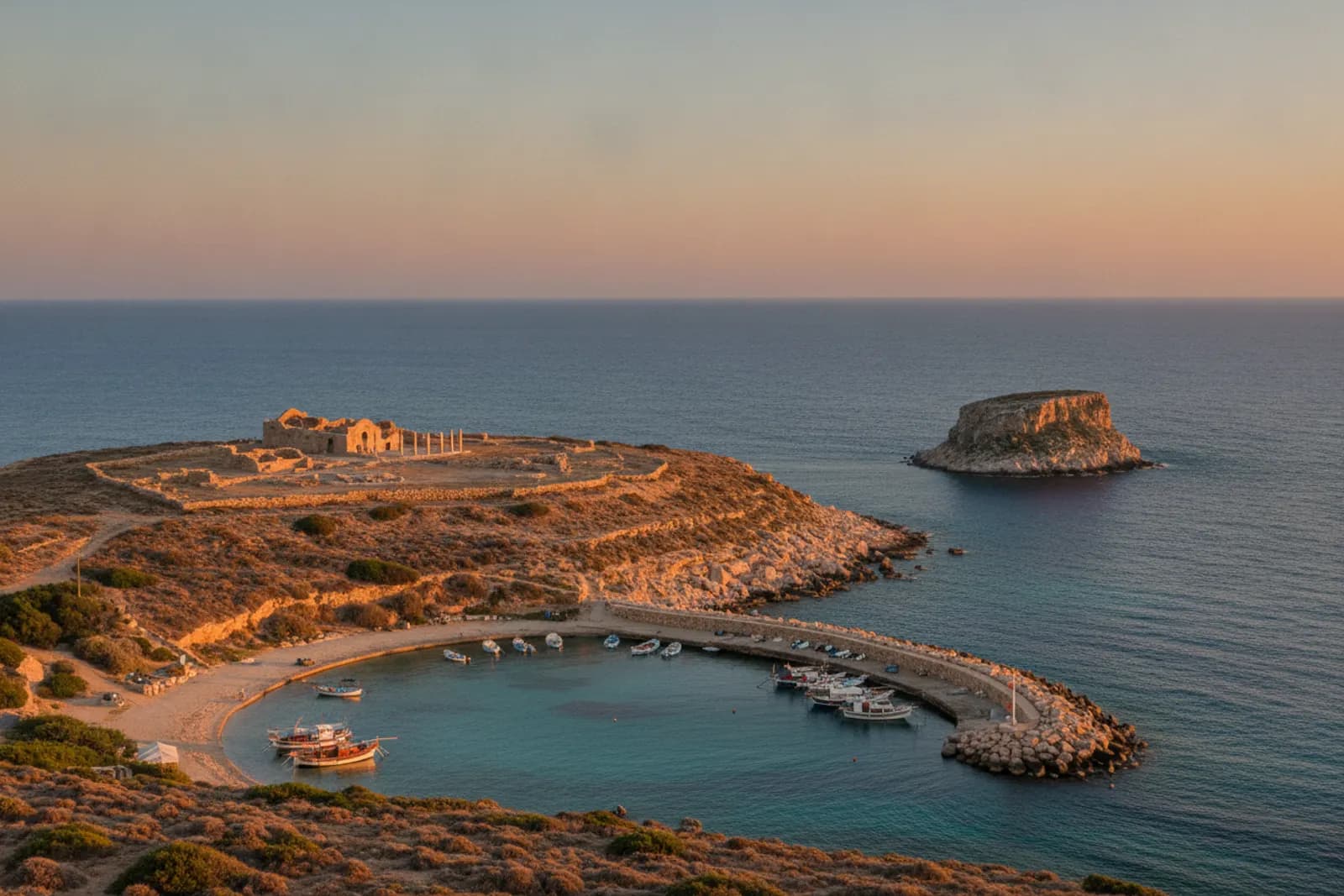Rovine di una basilica su Capo Drepano sopra un porticciolo di pescatori, con l’isola di Yeronisos in un mare turchese