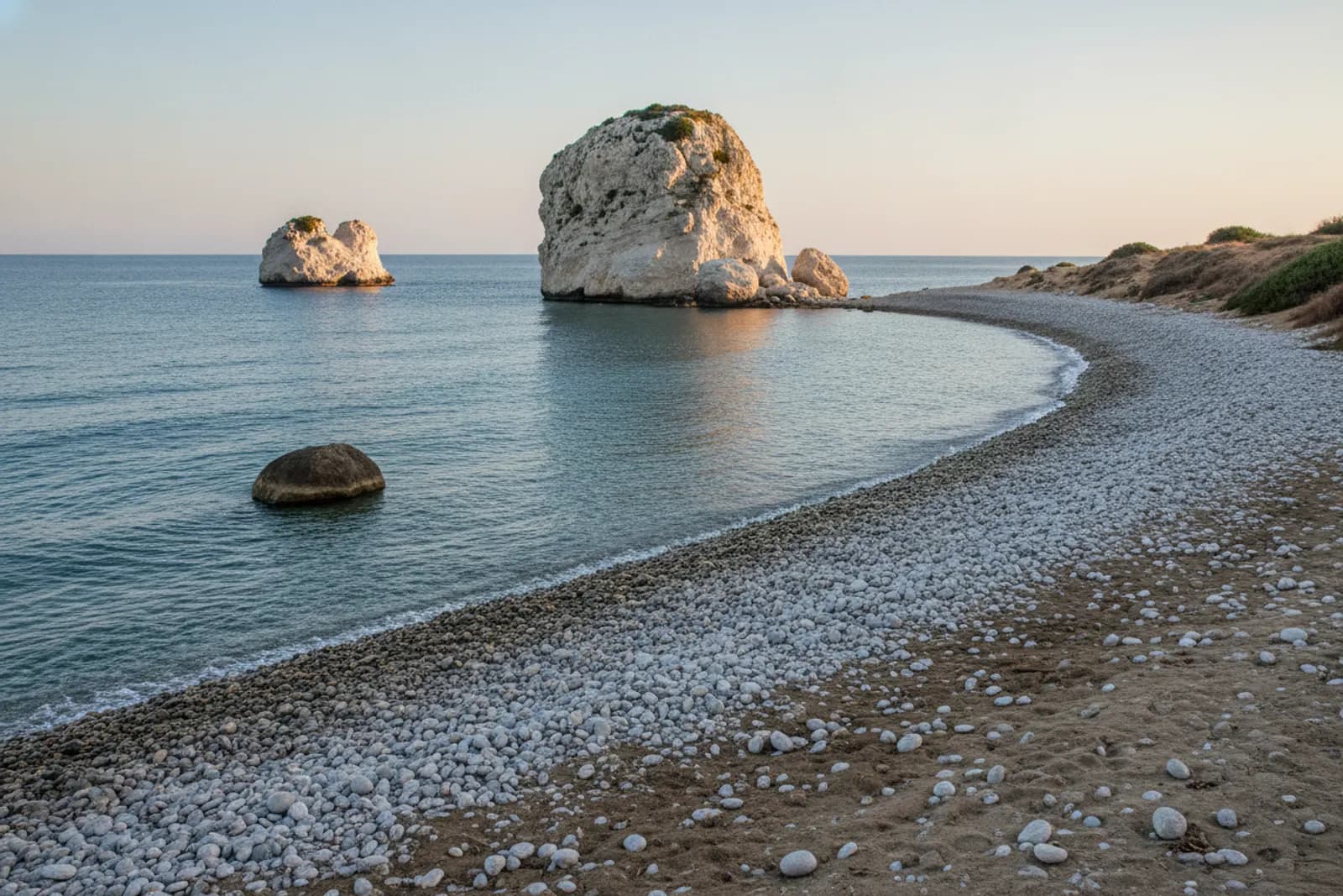 Large pale limestone rock at the end of a curving pebble beach, a smaller twin-topped stack offshore, at dusk