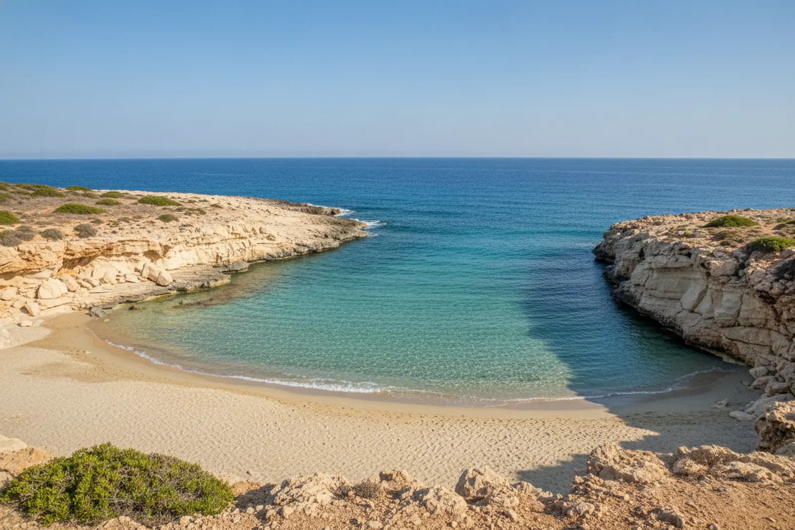 Una caletta di sabbia con acqua limpida color acquamarina tra basse piattaforme di roccia calcarea, a nord di Paphos
