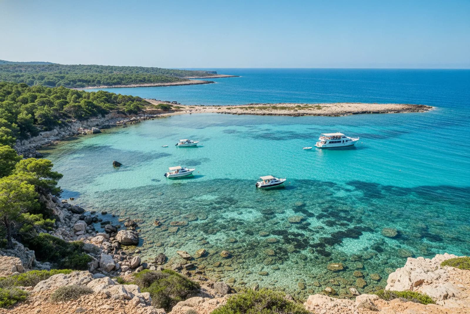 Clear turquoise bay over sand and seagrass, sheltered by a low islet, with boats below scrub-topped cliffs