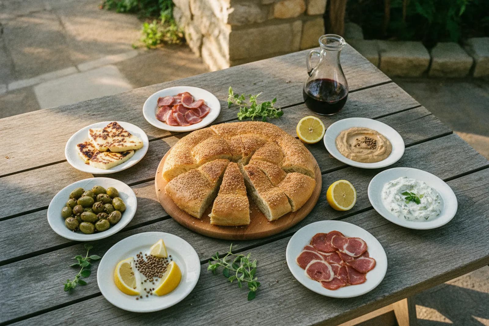 Cypriot meze on an outdoor table with grilled halloumi, olives, dips, village bread and lemon in late afternoon light