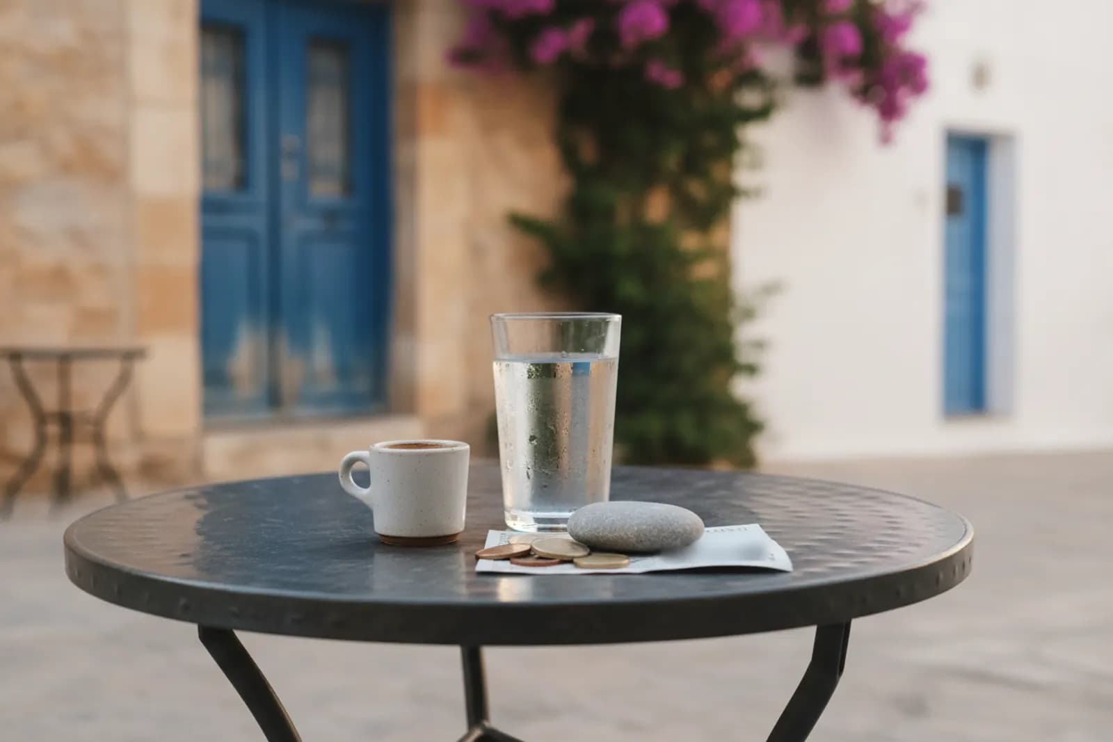 Tavolino di un caffè nella piazza di un paese cipriota, con caffè, un bicchiere d’acqua e monete in euro sul conto