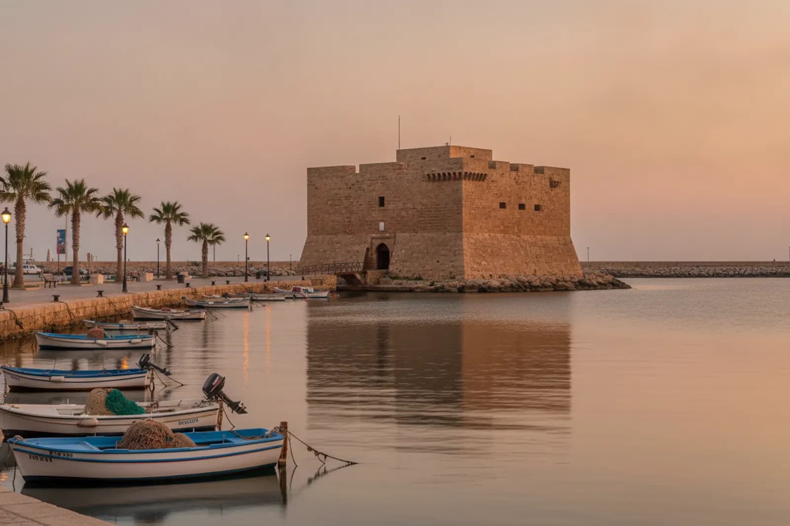 Il tozzo castello medievale in arenaria in fondo al molo del porto di Paphos al crepuscolo, con pescherecci sull’acqua calma