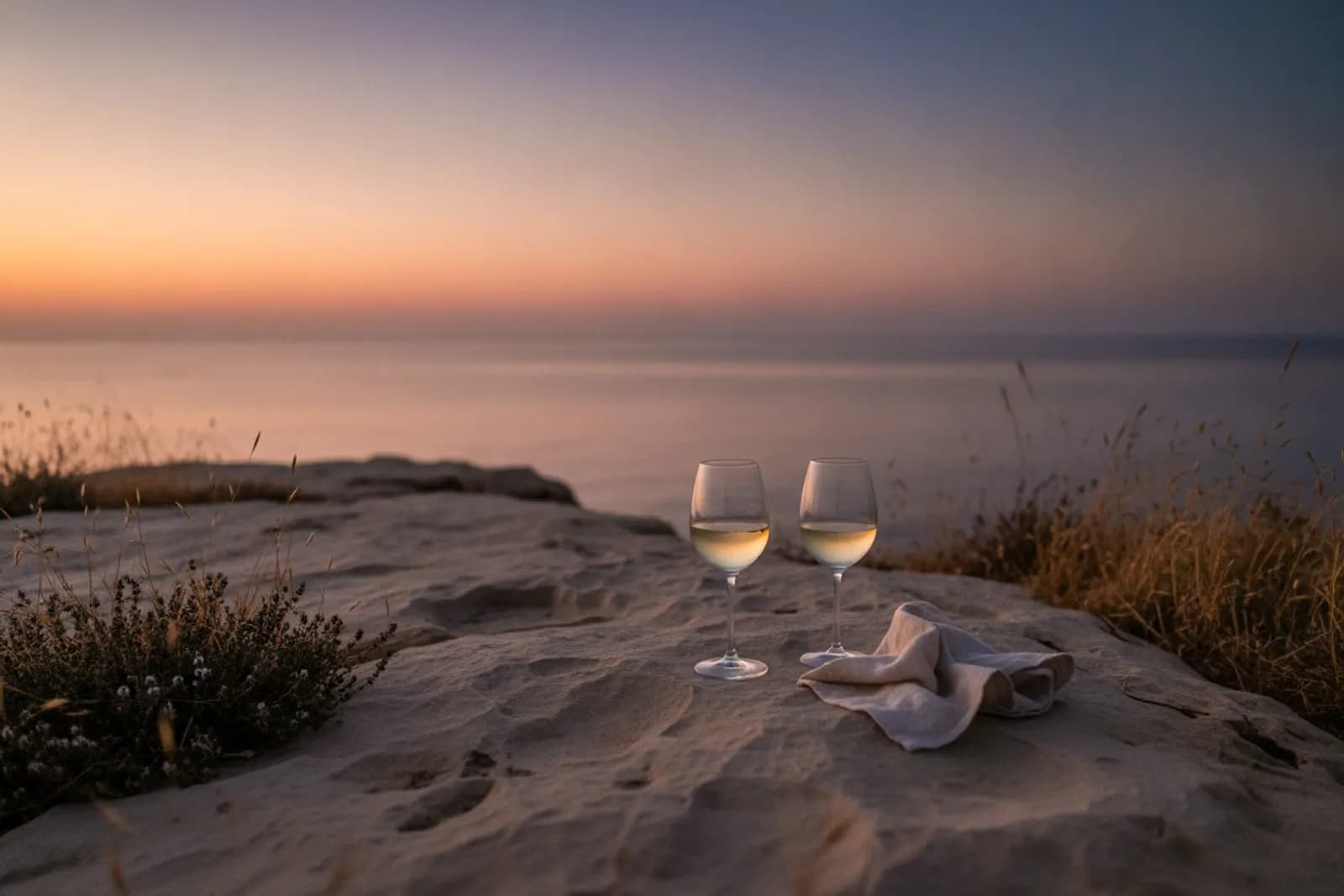 Due calici di vino su una roccia calcarea sopra un mare calmo, sulla costa di Paphos, subito dopo il tramonto