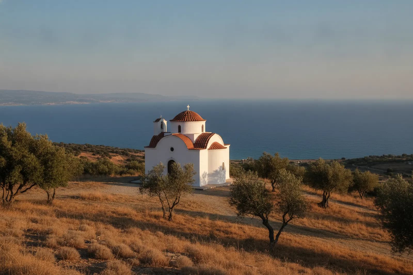 Cappella imbiancata con cupola di tegole su una collina arida sopra una baia blu vicino a Peyia, Cipro, nel tardo pomeriggio