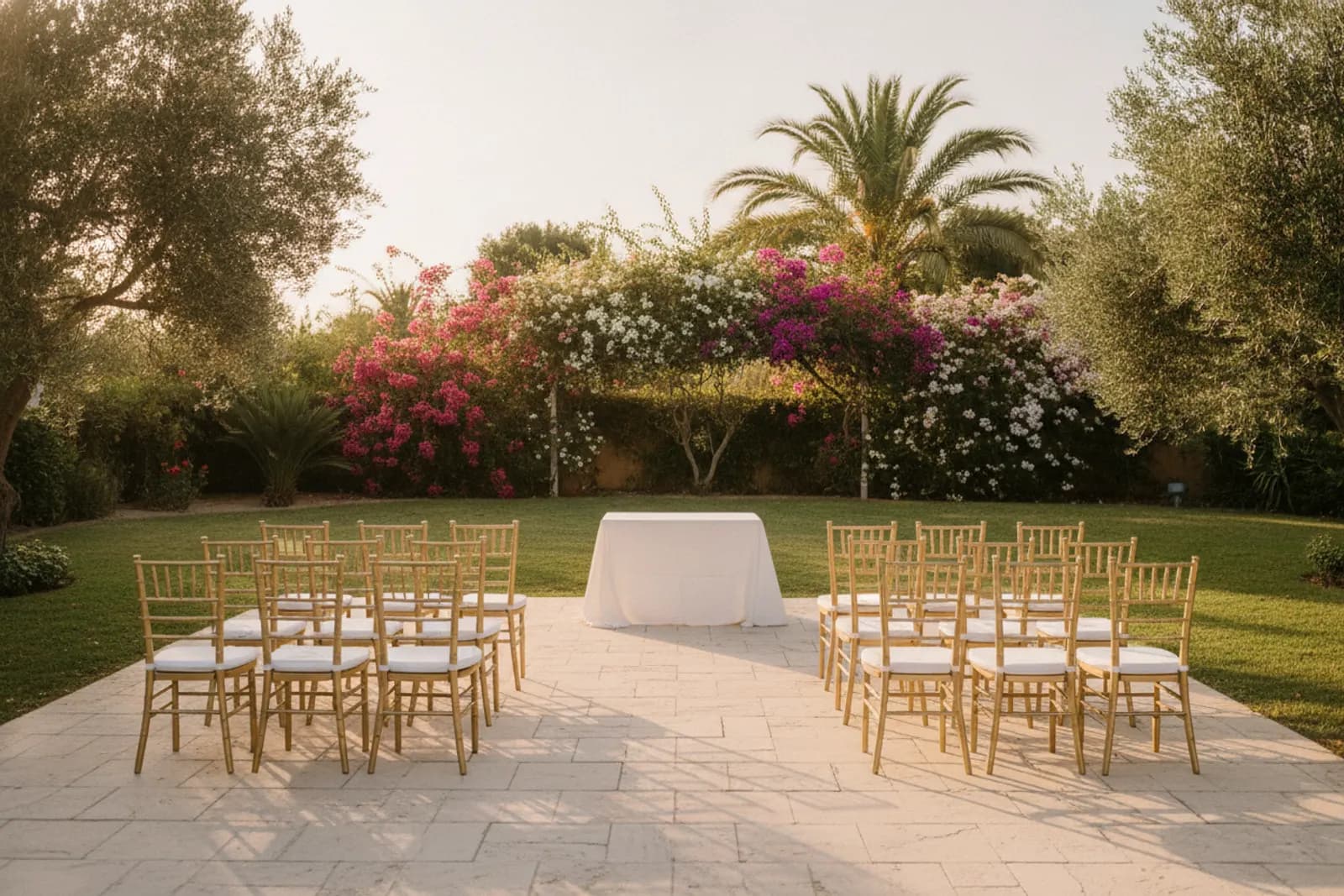 Sedie dorate vuote e un tavolo bianco per le firme, pronti per un piccolo matrimonio in un giardino di palme e buganvillee