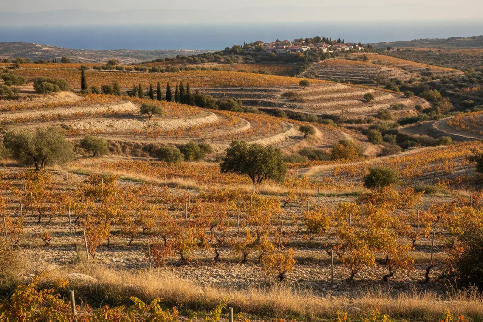 Vigneti autunnali su colline sassose sopra Paphos, con ulivi, un villaggio in collina e il mare in lontananza