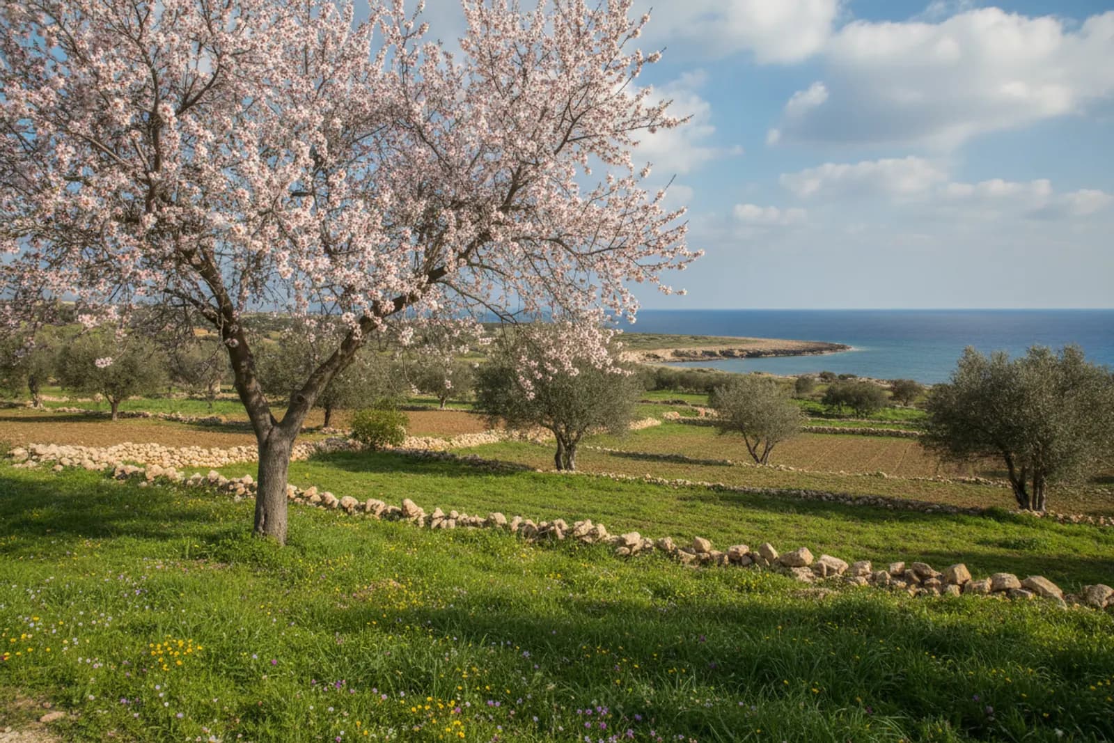 Un mandorlo in fiore bianco e rosa sopra i campi verdi d’inverno e il mare blu vicino a Paphos, a Cipro