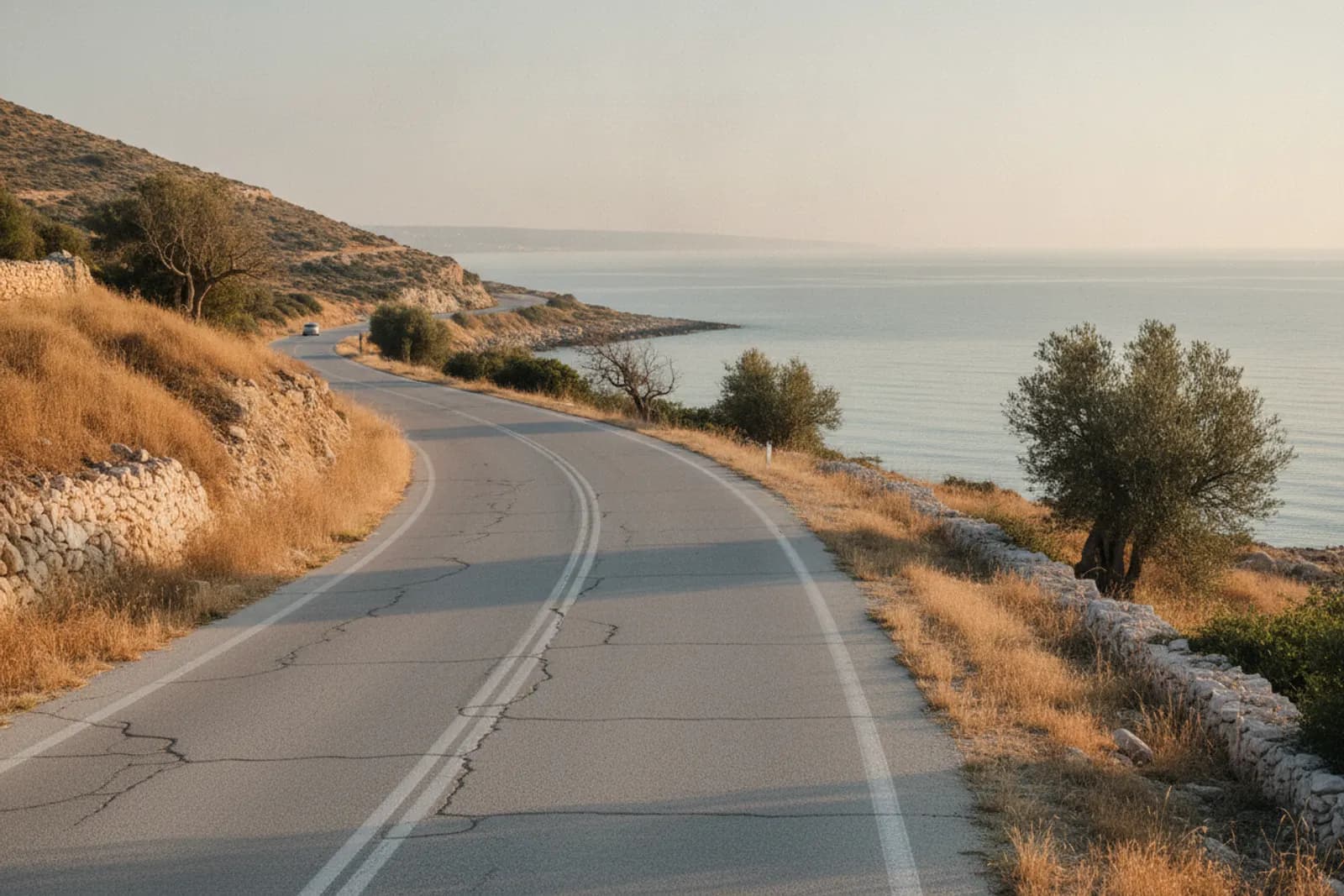 Strada costiera tranquilla che curva sopra il Mediterraneo vicino a Paphos, nella luce del primo mattino, con ulivi a lato
