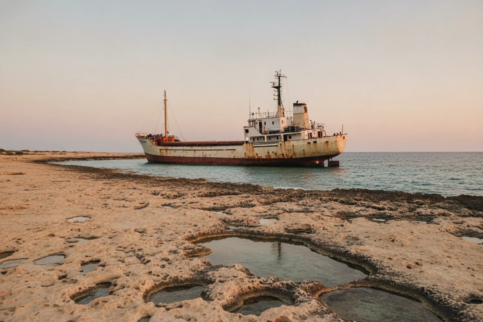 Relitto rugginoso di una piccola nave da carico arenata davanti alla bassa riva di calcare di Peyia, nella luce della sera