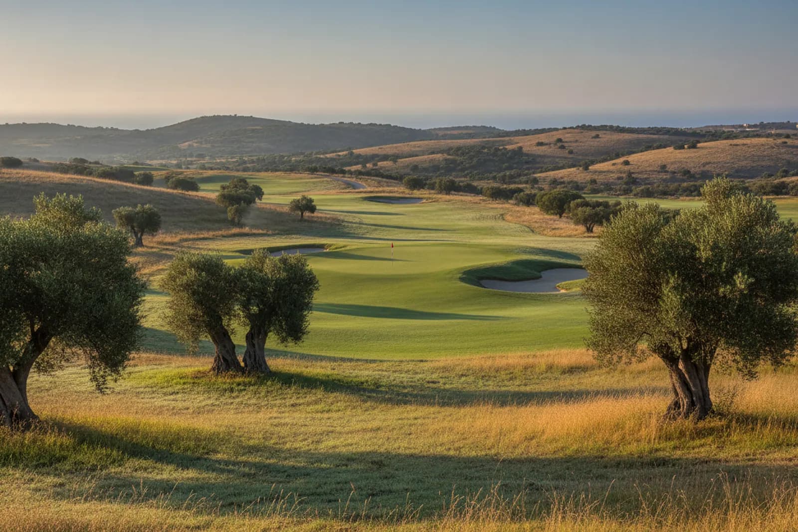 Fairway verde che serpeggia tra gli ulivi verso una bandiera, sulle colline vicino a Paphos, a Cipro, nella luce del mattino