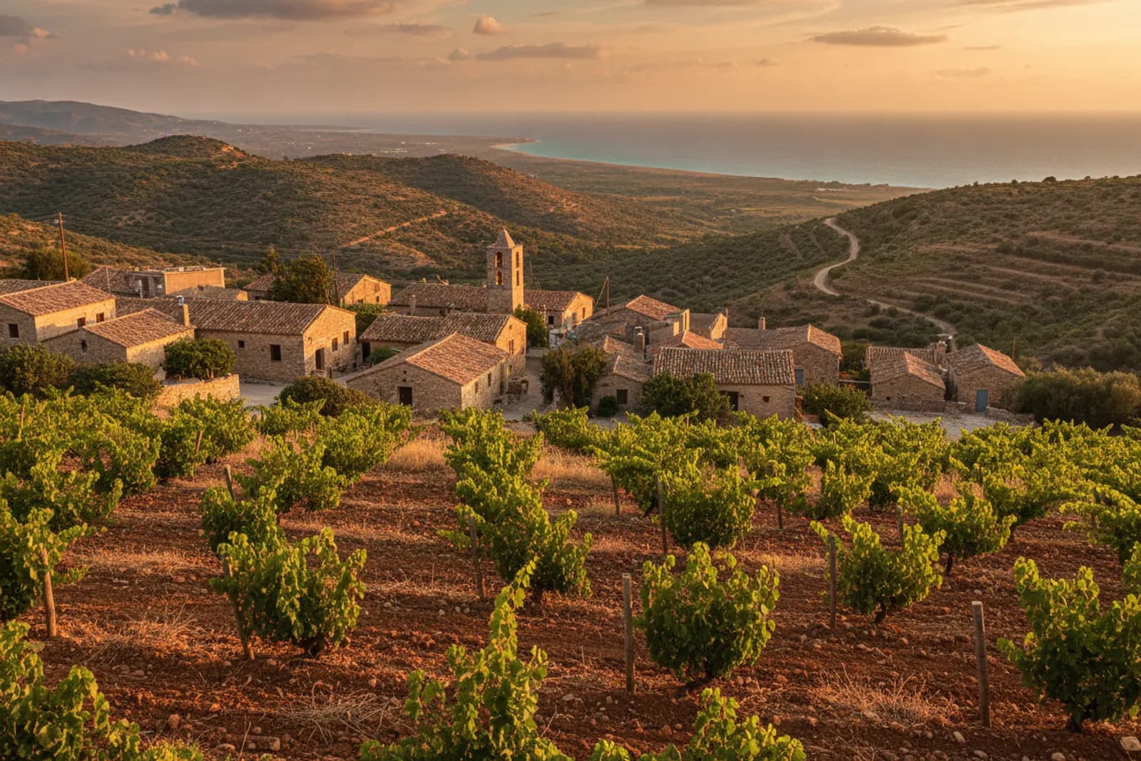 Filari di vigne e vecchie case di pietra di un villaggio della Laona, sopra la costa lontana di Cipro, nell’ora dorata