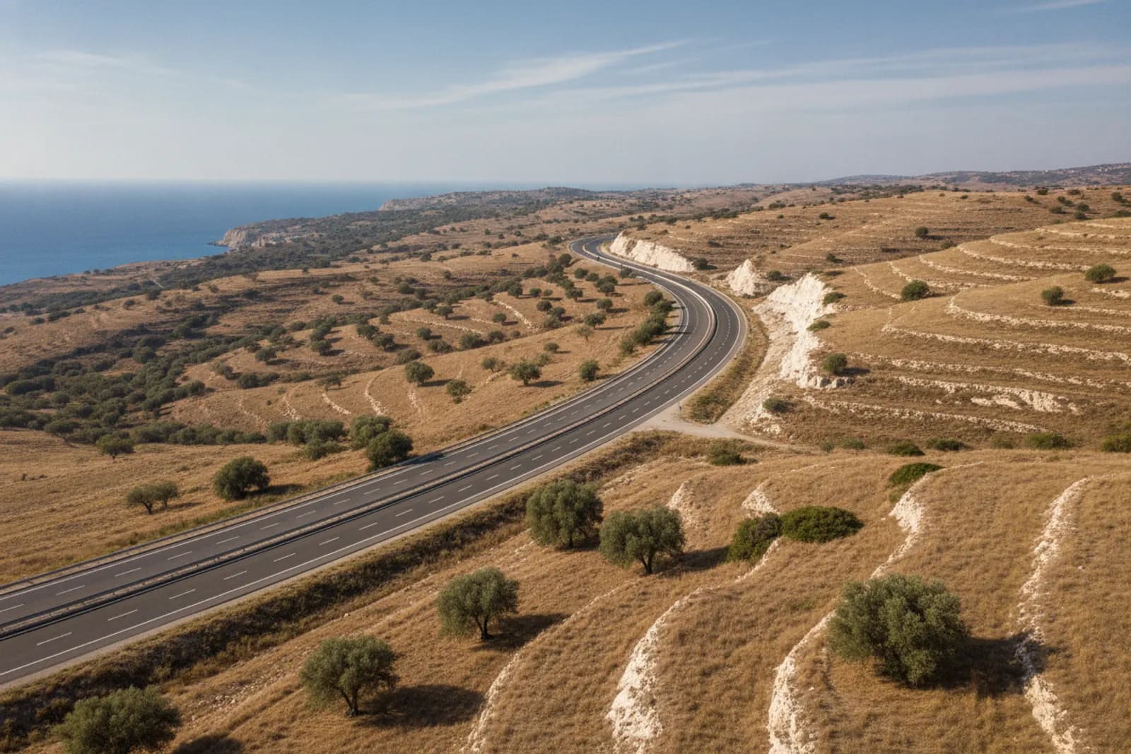 Un’autostrada che si snoda tra le colline aride e dorate del sud di Cipro verso Paphos, con il mare che si intravede oltre