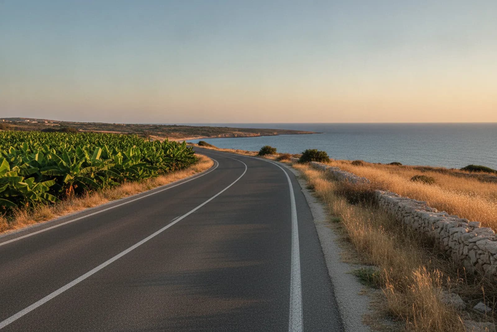 Una strada costiera vuota che curva tra i bananeti verso il mare nella luce del tardo pomeriggio, sulla costa di Paphos