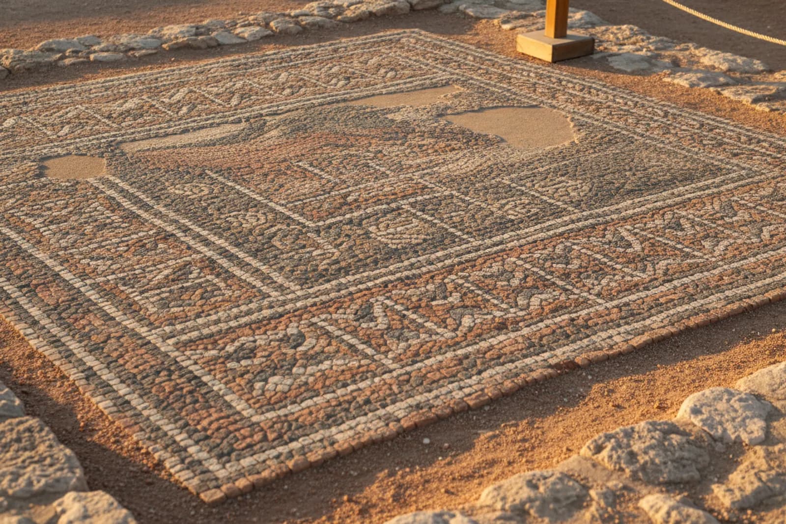 Il primo sole su un antico mosaico pavimentale romano di tessere di pietra colorata, in un sito all’aperto a Paphos