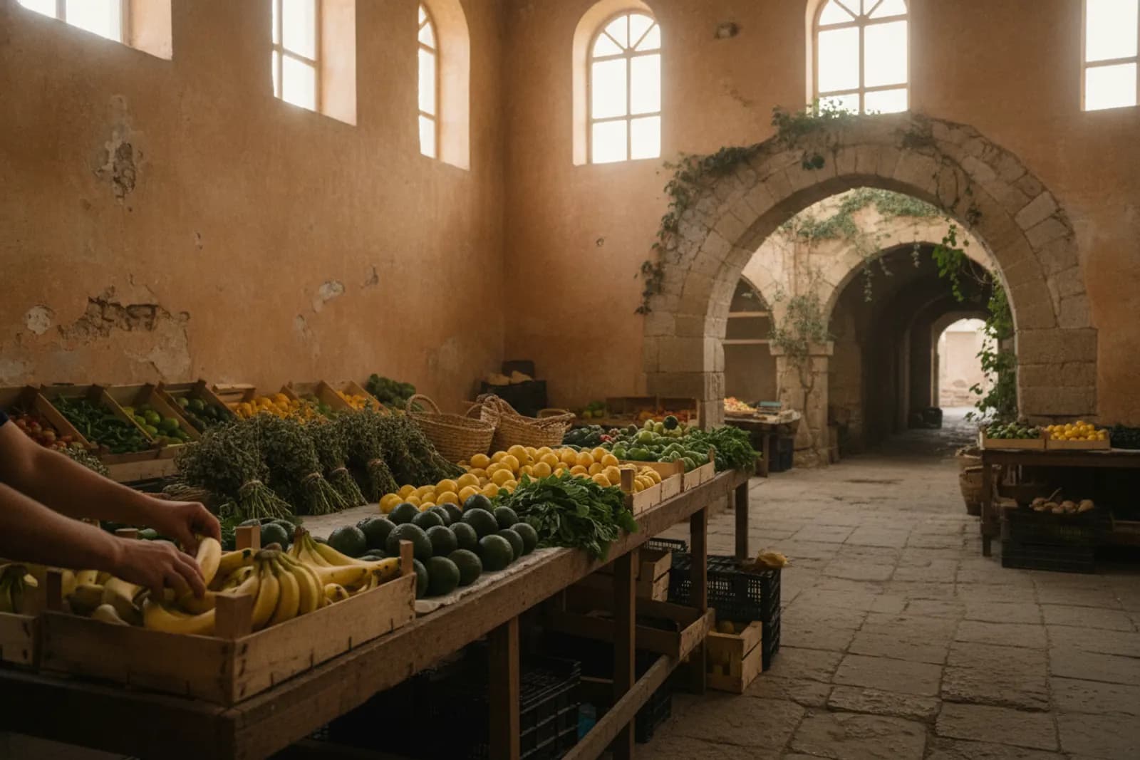 Banane locali, avocado, limoni, rucola e origano essiccato sui banchi del mercato, sotto un arco di pietra, al mattino