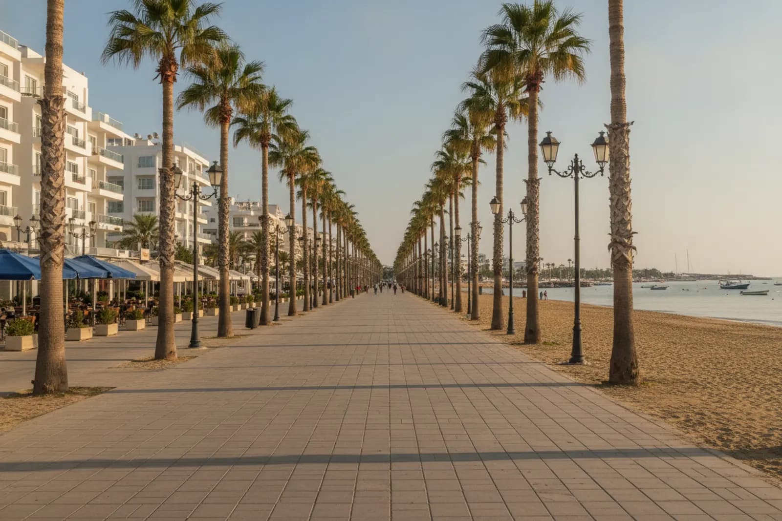 Lungomare con palme accanto a una spiaggia di sabbia e a un mare calmo a Larnaca, Cipro, nella luce del primo mattino