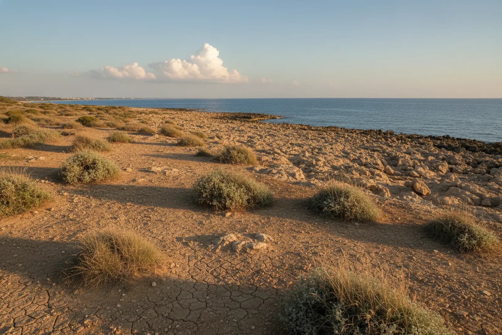 Costa dorada y seca con arbustos verdigrises bajo una luz cálida y tenue junto a un mar en calma, con nubes al fondo