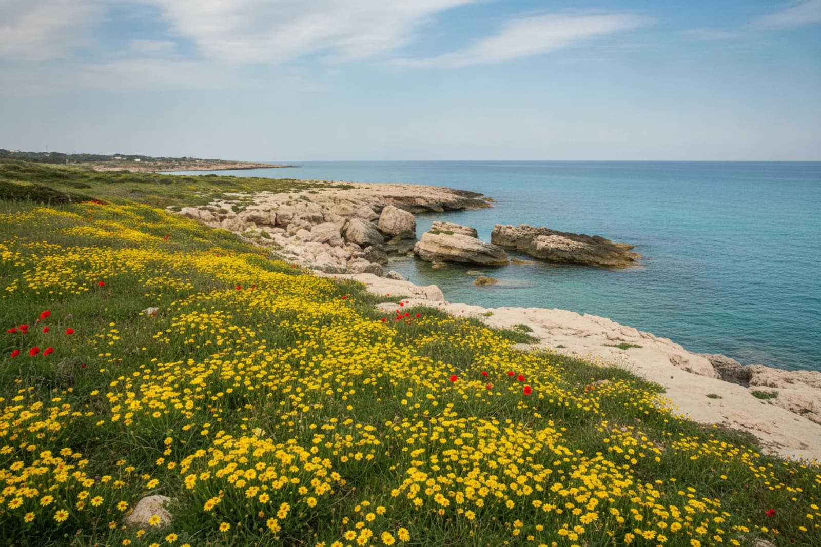 Ladera verde junto al mar con margaritas amarillas y amapolas rojas sobre rocas claras y un mar azul en calma