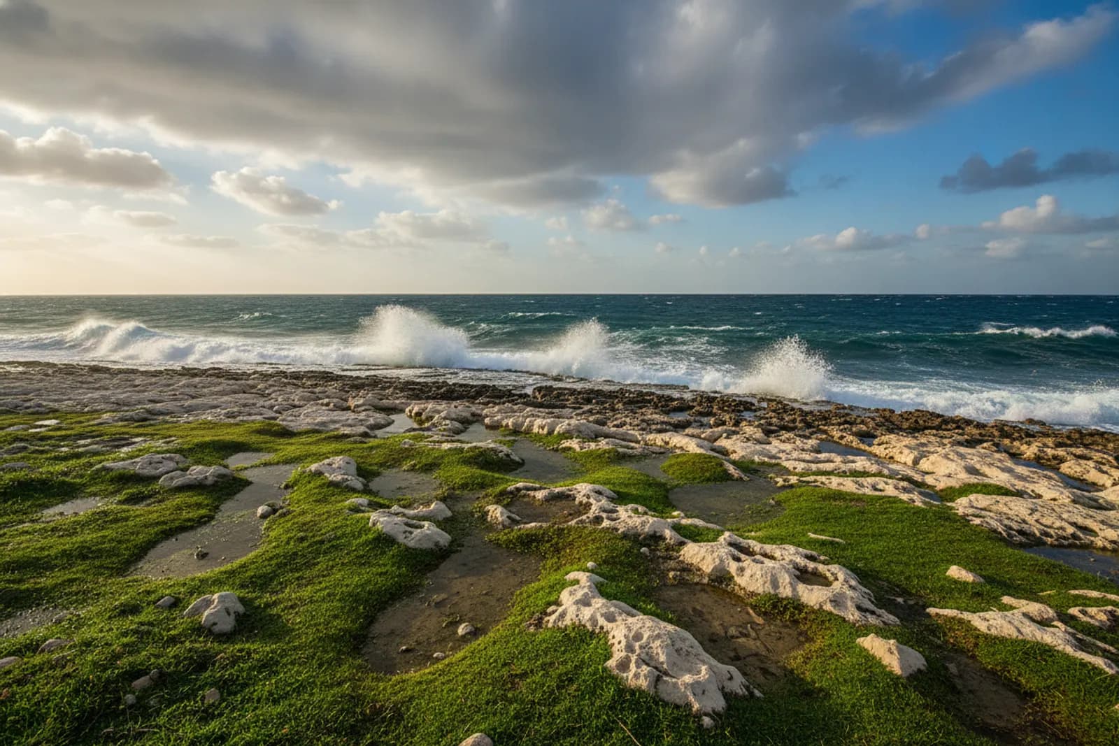 Erba verde e rocce calcaree bagnate lungo un mare mosso con onde che si infrangono, il sole tra nuvole squarciate