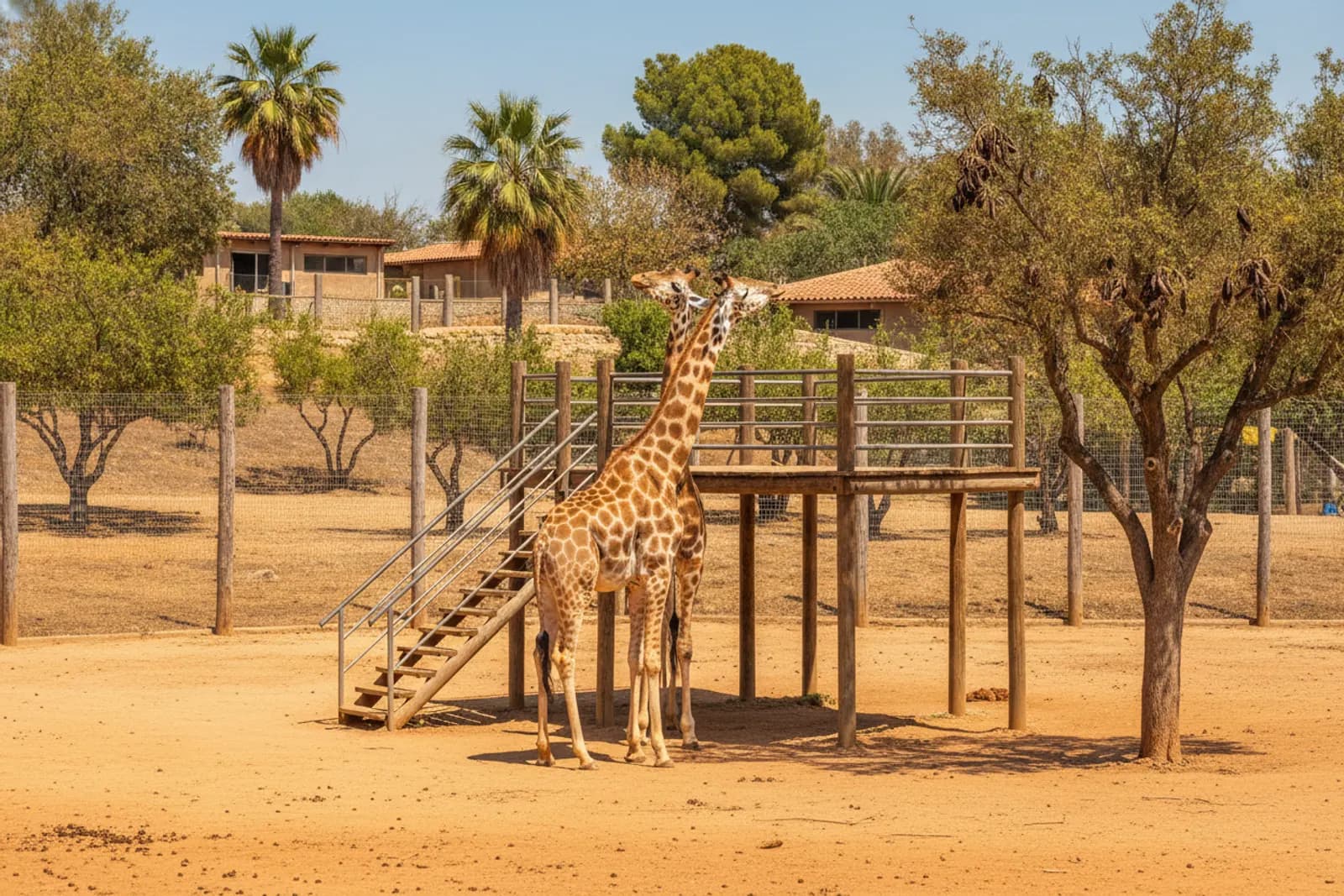 Due giraffe accanto a una piattaforma rialzata di legno in un recinto sabbioso con pini e palme, in una mattina di sole