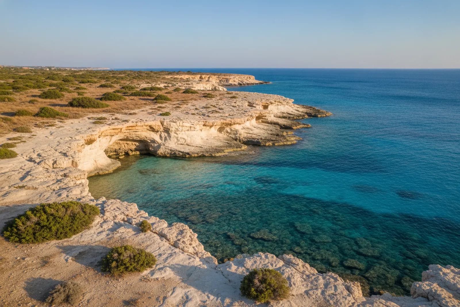 Scogliere di calcare chiaro e grotte marine sopra un’acqua turchese e limpida a Capo Greco, nel sud-est di Cipro