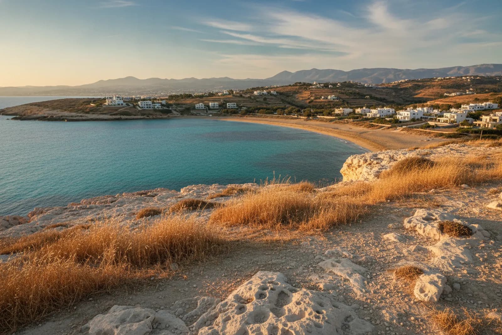 Golden late-afternoon light over a turquoise bay and terraced hills on the Paphos coast of Cyprus