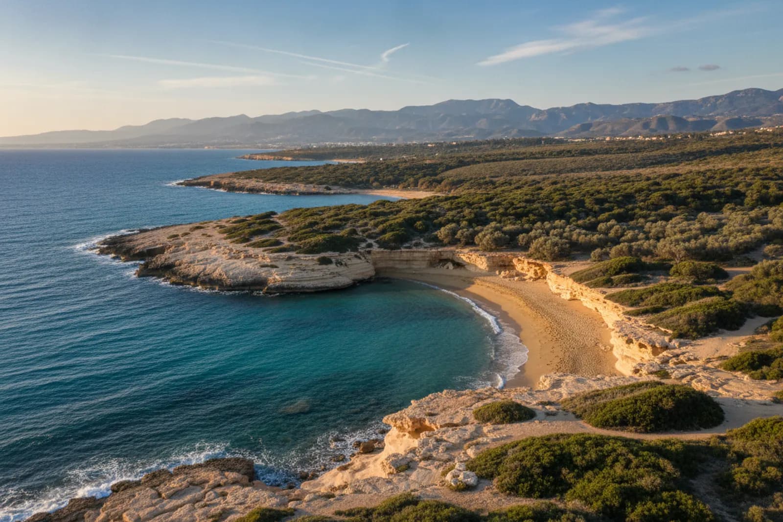 Calette dorate e mare turchese sulla costa di Paphos, a Cipro, con i monti Troodos velati di foschia sullo sfondo